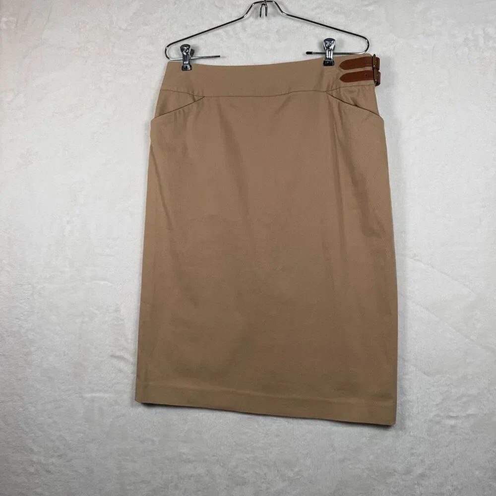 Lauren Ralph Lauren Premium Tan Pencil Skirt Size 8 Leather Buckle Cotton Blend